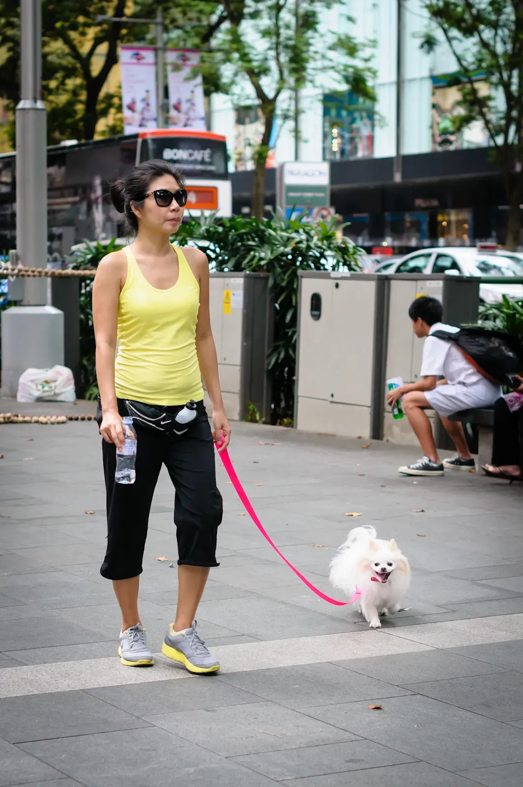 Girl in yellow walking a dog in Orchard Road