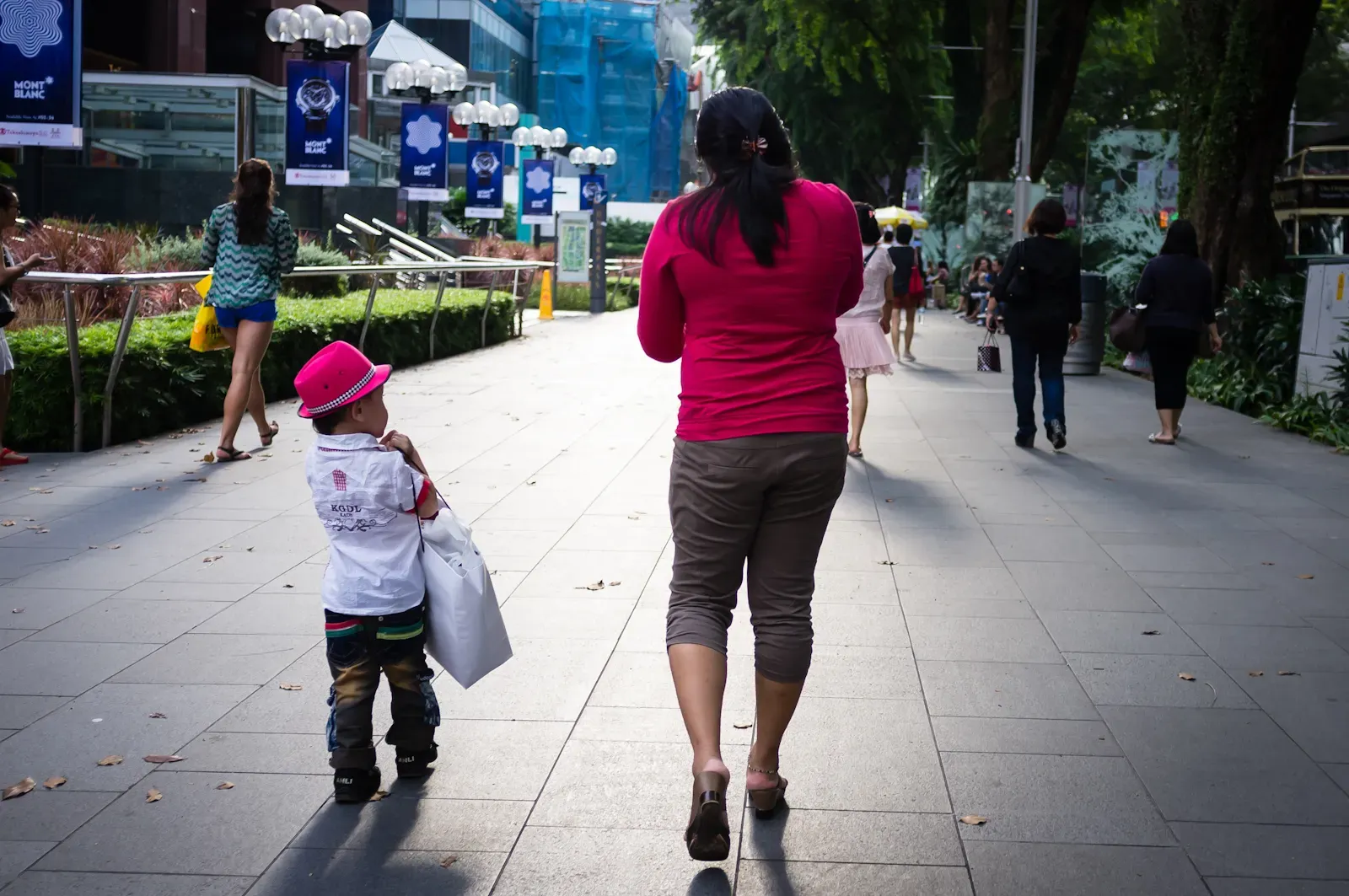 Boy carrying shopping bag for his mother