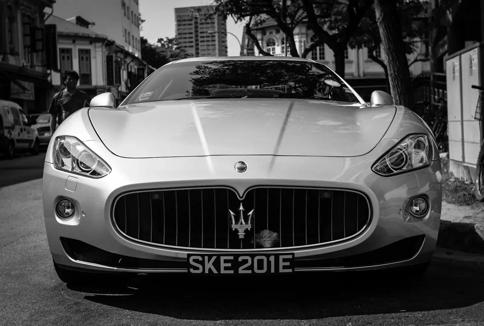 a dried leaf stuck on the front of a Maserati