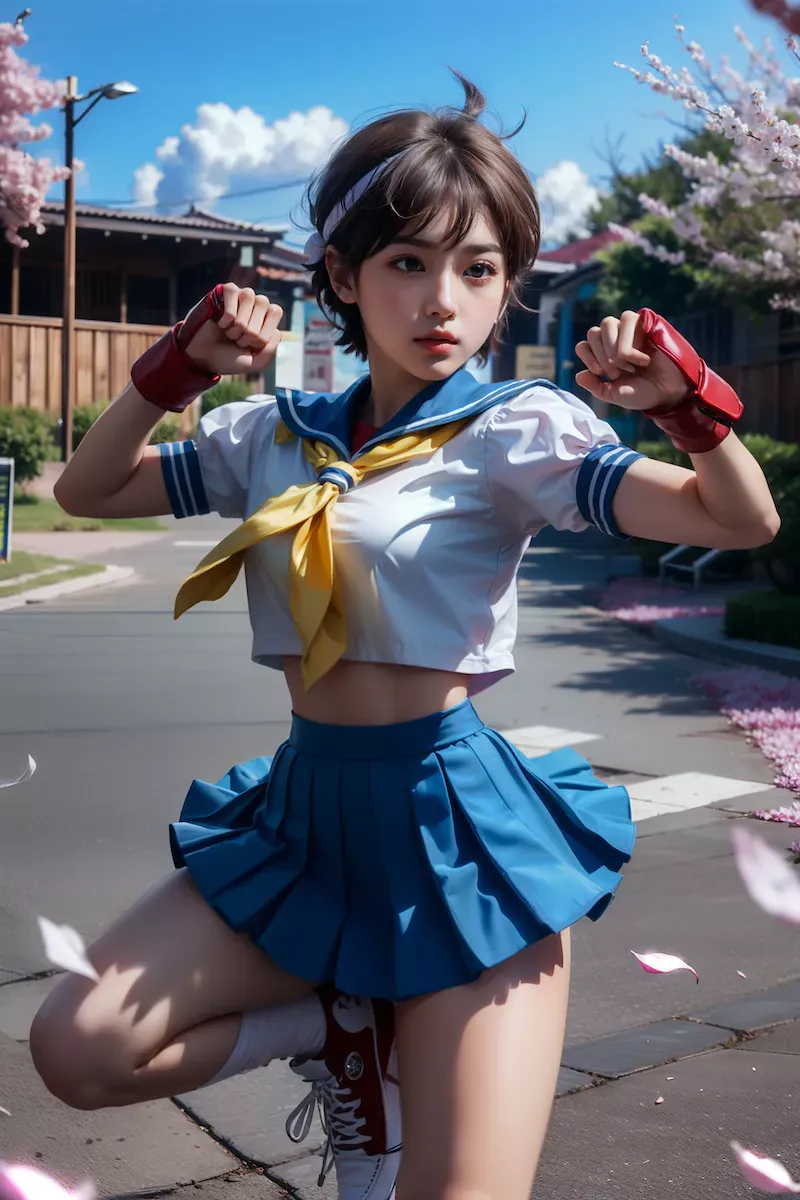 Sakura Kasugano stance AI art by Jenxi